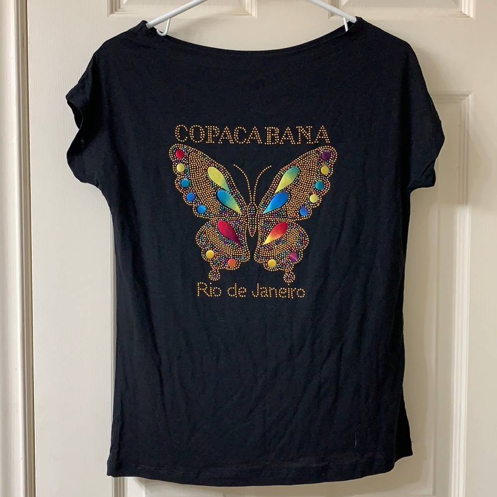 🌷3 for $25🌷Unbranded, US M, Black Beaded Butterfly Cap Sleeved Tee Shirt, NWOT